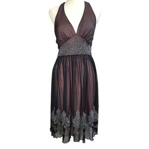 Celavie Collection Halter Top Dress Beaded Brown Chiffon Pink Liner Ballerina